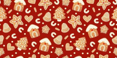 Christmas gingerbread vector seamless pattern.  Winter characters in cartoon style. Holiday design background. New year scandinavian style.