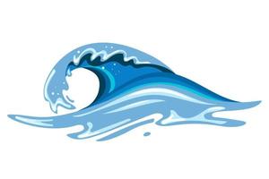 Tsumani wave in flat cartoon style. Big blue tropical water splash with white foam. Vector illustration isolated in white background