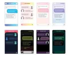 conjunto de ventanas de chatbot. interfaz de usuario de la aplicación con diálogo en línea. conversación con un robot asistente vector