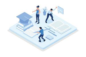 School and preschool lessons subjects,  Characters in school classes learning  language with books,  isometric vector modern illustration