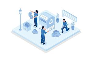 Sustainability, buying reused clothes, recycling plastic bottles, isometric vector modern illustration