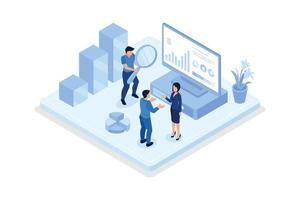 Financial report, Characters analyzing charts, isometric vector modern illustration