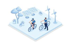 Sustainable transportation, e-bike  in modern city, isometric vector modern illustration
