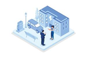 Sustainable transportation,  Private electric vehicle near charging station, isometric vector modern illustration