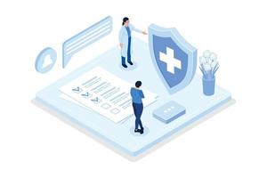 Health insurance,  Doctor offering medical insurance policy contract, isometric vector modern illustration
