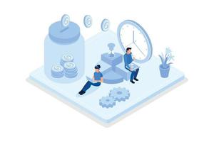 Retirement fund, People characters investing money in pension fund, isometric vector modern illustration