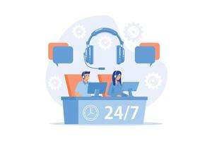 Customer service operators with headsets at computers consulting clients 24 for 7. Call center, handling call system, virtual call center concept, flat vector modern illustration