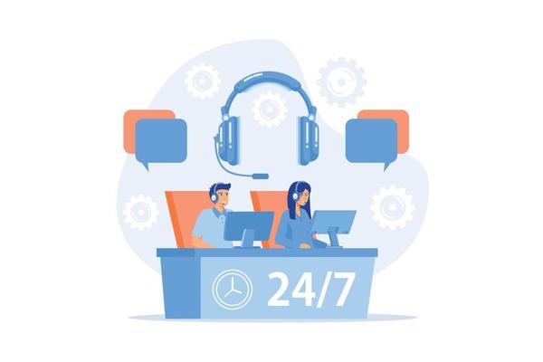 Customer service operators with headsets at computers consulting clients 24 for 7. Call center, handling call system, virtual call center concept, flat vector modern illustration