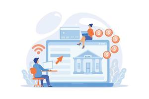 Tiny people with laptop and financial digital transformation. Open banking platform, online banking system, finance digital transformation concept, flat vector modern illustration