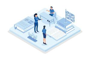 School and preschool lessons subjects, Characters in school classes learning foreign language with books, isometric vector modern illustration