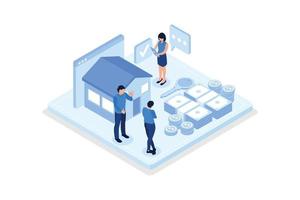 Mortgage process, Characters  reading contact and legal documents and receiving house keys, isometric vector modern illustration