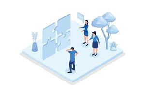 Business strategy, Characters assembling jigsaw puzzle, isometric vector modern illustration