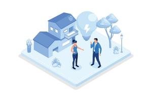 Green energy, Characters showing eco private house, isometric vector modern illustration