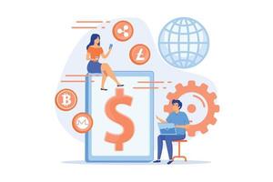 Businessman and woman transfer money with gadgets. Digital currency, cryptocurrency market, e-money transfer and digital money turnover concept, flat vector modern illustration
