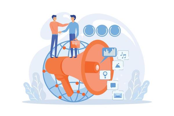 Marketing specialist with loudspeaker influence businessmen and globe. Macromarketing, social influence, global marketing strategy concept, flat vector modern illustration