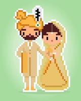 Pixel man and woman image. Indian bridal couple in 8 bit game assets vector illustration.
