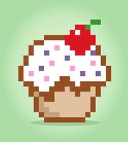 Pixel 8 bit cupcake. Food dishes in vector illustrations.