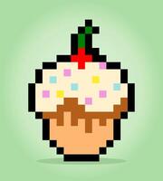 Pixel 8 bit cupcake. Food dishes in vector illustrations.