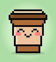 8 bit pixel coffee cup kawaii. Drink in vector illustration for game icon.