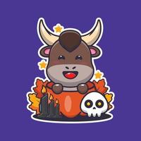 Cute bull in halloween pumpkin. Cute halloween cartoon illustration. vector