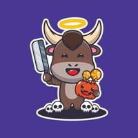 Cute bad bull holding machete in halloween day. Cute halloween cartoon illustration. vector
