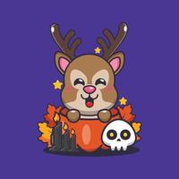 Cute deer in halloween pumpkin. Cute halloween cartoon illustration. vector