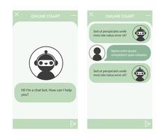 ventana de chatbot con conjunto de páginas de inicio. interfaz de usuario de la aplicación con diálogo en línea. conversación con un robot asistente vector