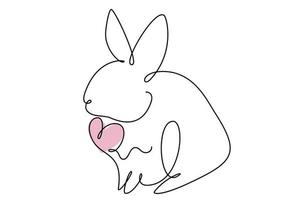 Easter bunny with heart continuous one line drawing. Rabbit simple image. Minimalist vector illustration.Print