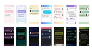 conjunto de ventanas de chatbot. interfaz de usuario de la aplicación con diálogo en línea. conversación con un robot asistente vector