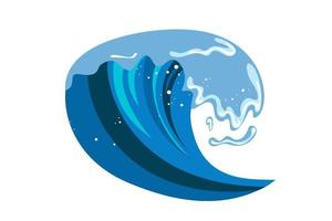 Tsumani wave in flat cartoon style. Big blue tropical water splash with white foam. Vector illustration isolated in white background