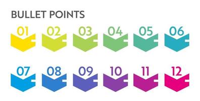 Bullet points numbers. Colorful list markers from 1 to 12. Vector design elements set for modern infographic