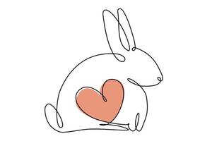 Easter bunny with heart continuous one line drawing. Rabbit simple image. Minimalist vector illustration.Print