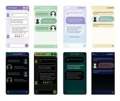 conjunto de ventanas de chatbot. interfaz de usuario de la aplicación con diálogo en línea. conversación con un robot asistente vector