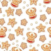 Christmas gingerbread vector seamless pattern.  Winter characters in cartoon style. Holiday design background. New year scandinavian style.