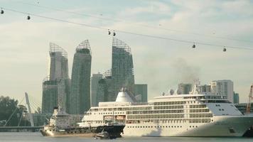 SINGAPORE NOVEMBER 24, 2018 - Ocean Ship Silver Shadow in Singapore Cruise Centre Regional Ferry Terminal HarbourFront and the cable car from above going to the park Sentosa video