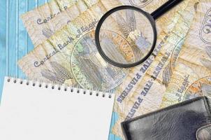 25 Egyptian piastres bills and magnifying glass with black purse and notepad. Concept of counterfeit money. Search for differences in details on money bills to detect fake photo