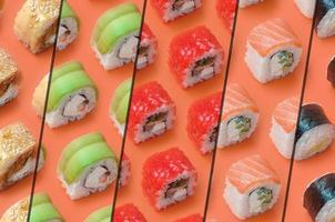 collage con diferentes tipos de rollos de sushi asiáticos sobre fondo naranja. minimalismo vista superior patrón plano laico con comida japonesa foto