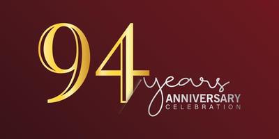 Número de logotipo de celebración del 94 aniversario color dorado con fondo de color rojo. aniversario vectorial para celebración, tarjeta de invitación y tarjeta de felicitación vector