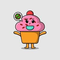 lindo cupcake de dibujos animados usando máscara para prevenir virus vector