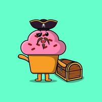 Pirata de cupcake de dibujos animados lindo con caja del tesoro vector