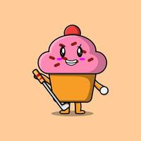 lindo personaje de cupcake de dibujos animados jugando al golf vector