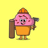 Cute cartoon Cupcake carpenter character with ax vector