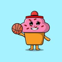 lindo personaje de cupcake de dibujos animados jugando baloncesto vector