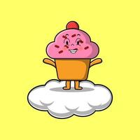 lindo personaje de cupcake de dibujos animados de pie en la nube vector