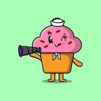 Marinero de cupcake de dibujos animados lindo usando binocular vector