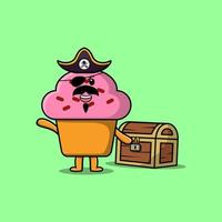 Pirata de cupcake de dibujos animados lindo con caja del tesoro vector