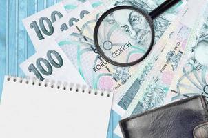 100 Czech korun bills and magnifying glass with black purse and notepad. Concept of counterfeit money. Search for differences in details on money bills to detect fake photo