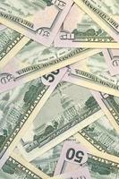 Many US fifty dollar bills on flat background surface close up. Flat lay top view. Abstract business concept photo