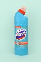 Domestos Blue bottle. Domestos is a household cleaning range which contains bleach manufactured by Unilever