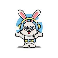 Lindo conejo escuchando música con ilustración de vector de dibujos animados de auriculares